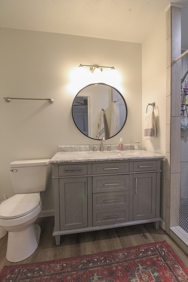 bathroom with vanity, wood-type flooring, toilet, and a shower with shower curtain