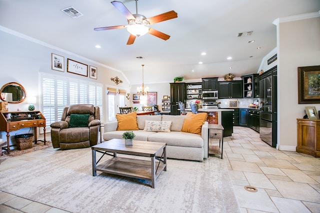 6023 Warwick Dr, San Angelo, TX 76904 - living room featuring ornamental molding, a chandelier, a ceiling fan, and recessed lighting