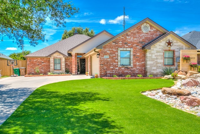6023 Warwick Dr, San Angelo, TX 76904 - ranch-style house with brick siding, concrete driveway, a front lawn, and a garage