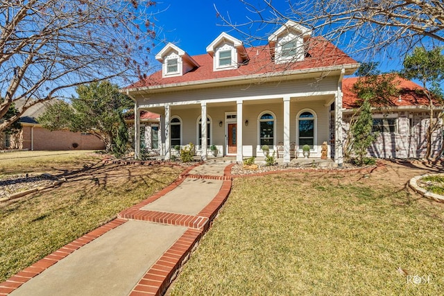 new england style home featuring a front yard and a porch
