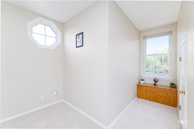 spare room featuring baseboards and light colored carpet