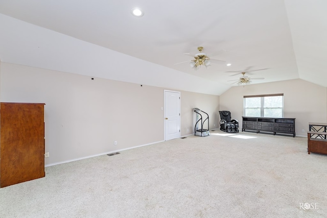 bonus room with carpet flooring, a ceiling fan, baseboards, and vaulted ceiling