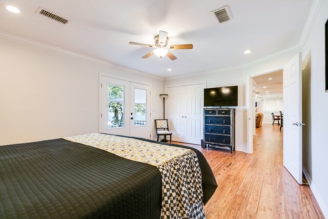 bedroom with ornamental molding, access to outside, ceiling fan, and french doors