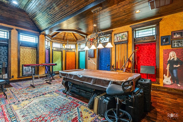 game room with vaulted ceiling, pool table, and wooden ceiling