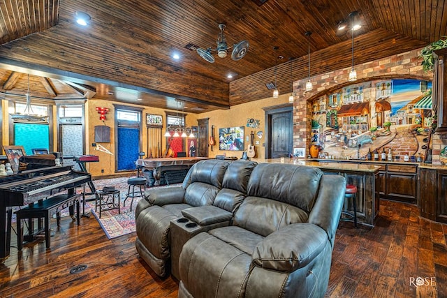 living room with bar area, dark wood-type flooring, and wood ceiling