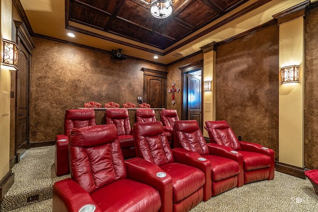 home theater room with a tray ceiling, ornamental molding, wood ceiling, and coffered ceiling