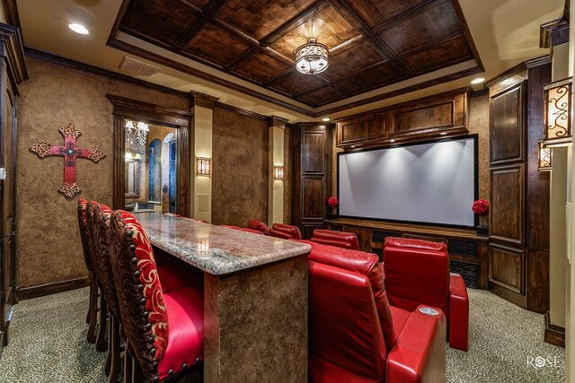 cinema room featuring carpet flooring, crown molding, coffered ceiling, and wooden ceiling