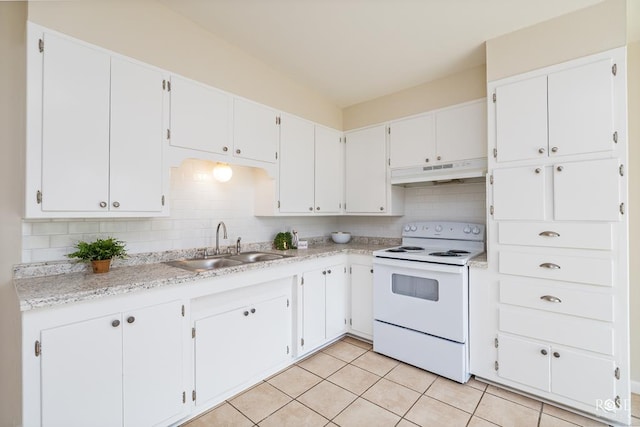 kitchen with white cabinetry, sink, white electric range oven, and light tile patterned floors