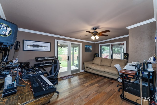 3210 Briargrove Ln, San Angelo, TX 76904 - office space featuring crown molding, wood-type flooring, a ceiling fan, and a wealth of natural light