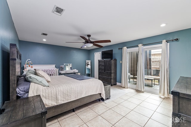 3210 Briargrove Ln, San Angelo, TX 76904 - bedroom featuring light tile patterned floors, access to outside, ceiling fan, and visible vents