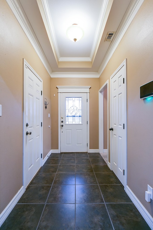 doorway to outside with crown molding