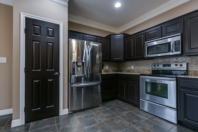 kitchen with tasteful backsplash, light stone counters, crown molding, and stainless steel appliances