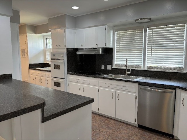 kitchen with white cabinetry, sink, stainless steel dishwasher, and decorative backsplash