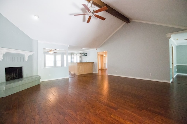 unfurnished living room with vaulted ceiling with beams, dark wood-type flooring, and ceiling fan