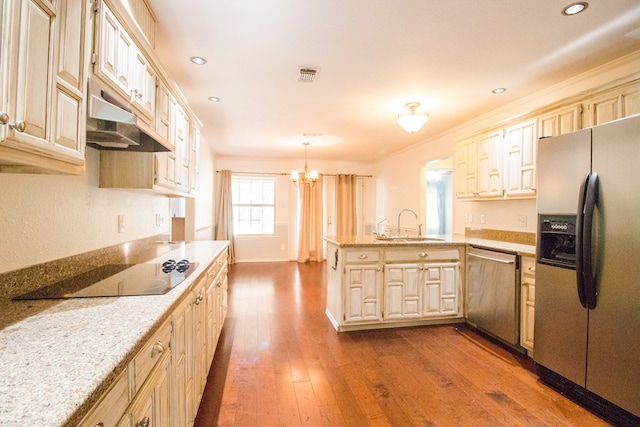 kitchen with sink, hardwood / wood-style floors, hanging light fixtures, stainless steel appliances, and kitchen peninsula