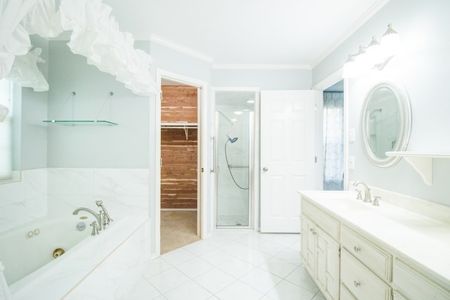 bathroom with vanity, tile patterned flooring, ornamental molding, and shower with separate bathtub