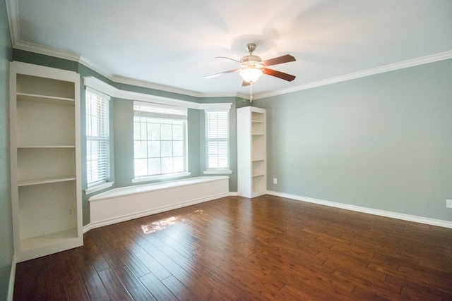 unfurnished room with crown molding, ceiling fan, a healthy amount of sunlight, and dark hardwood / wood-style flooring