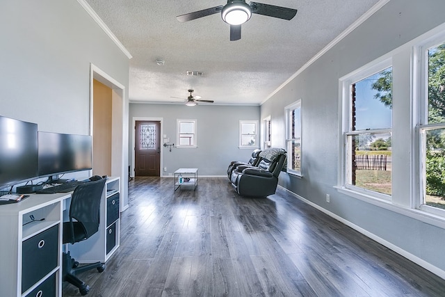 6376 Fm 380, San Angelo, TX 76905 - office with a ceiling fan, a textured ceiling, ornamental molding, dark wood finished floors, and baseboards