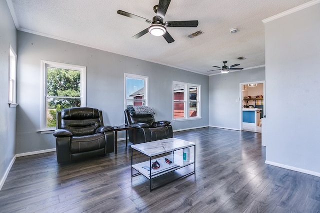 6376 Fm 380, San Angelo, TX 76905 - living area with a textured ceiling, ceiling fan, dark wood-style floors, crown molding, and baseboards