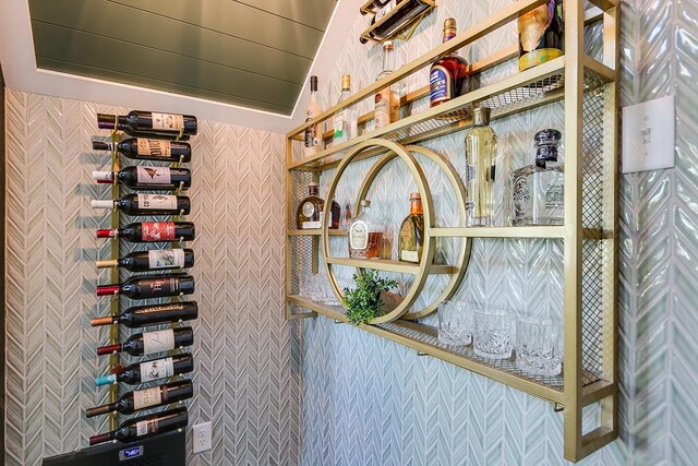 wine cellar with lofted ceiling