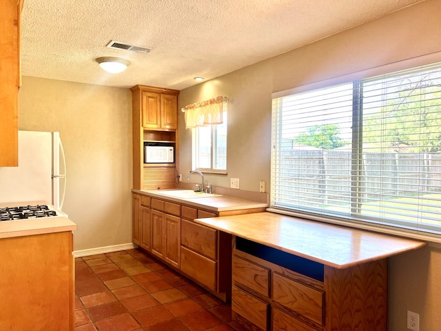 1013 Wynne Ave, San Angelo, TX 76905 - kitchen featuring white appliances, a sink, a textured ceiling, light countertops, and baseboards