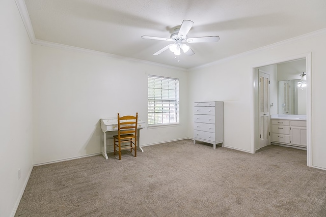 6038 Winners Cir, San Angelo, TX 76904 - bedroom with crown molding, light colored carpet, baseboards, connected bathroom, and a ceiling fan