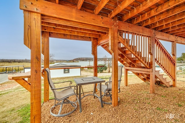 view of patio / terrace featuring a water view