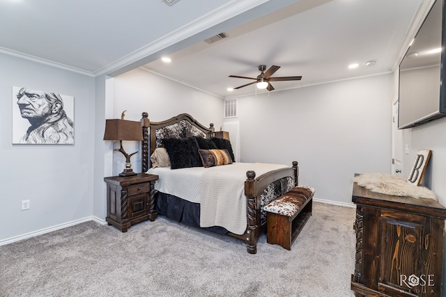 carpeted bedroom featuring crown molding and ceiling fan