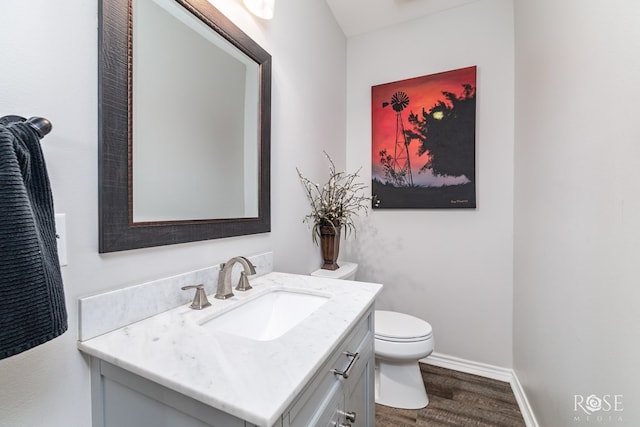 bathroom featuring vanity, toilet, and hardwood / wood-style floors