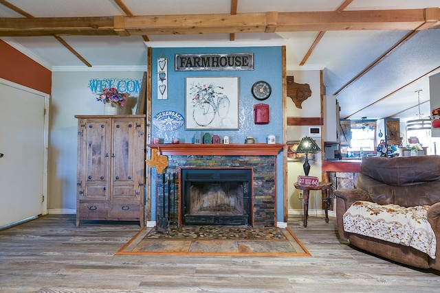 living room featuring hardwood / wood-style flooring and a stone fireplace