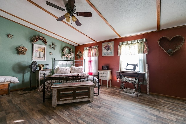 bedroom featuring a textured ceiling, vaulted ceiling, dark hardwood / wood-style floors, and ceiling fan