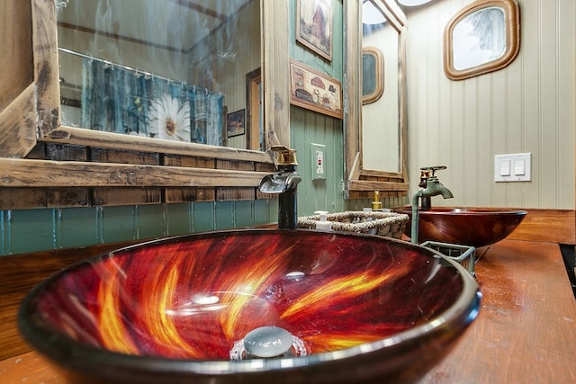 details featuring sink and wood walls