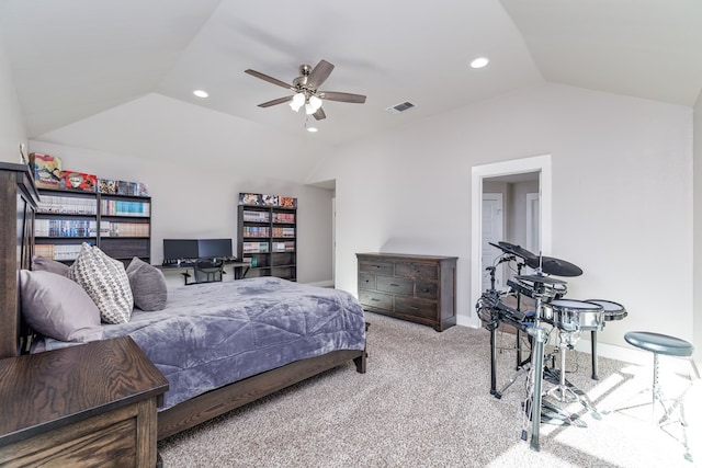 carpeted bedroom featuring ceiling fan and lofted ceiling