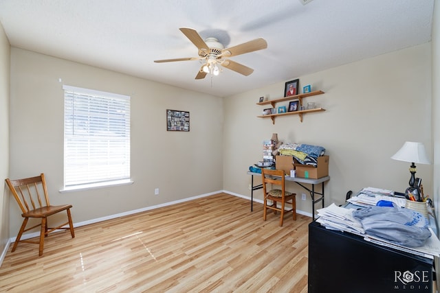 office with ceiling fan and light hardwood / wood-style flooring