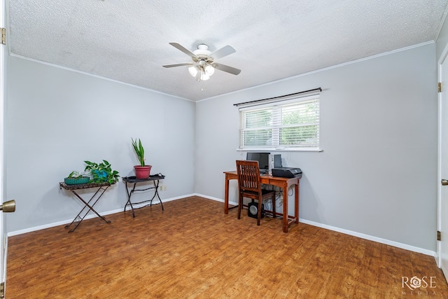 2713 Canyon Creek Dr, San Angelo, TX 76904 - home office with wood finished floors, ceiling fan, a textured ceiling, crown molding, and baseboards