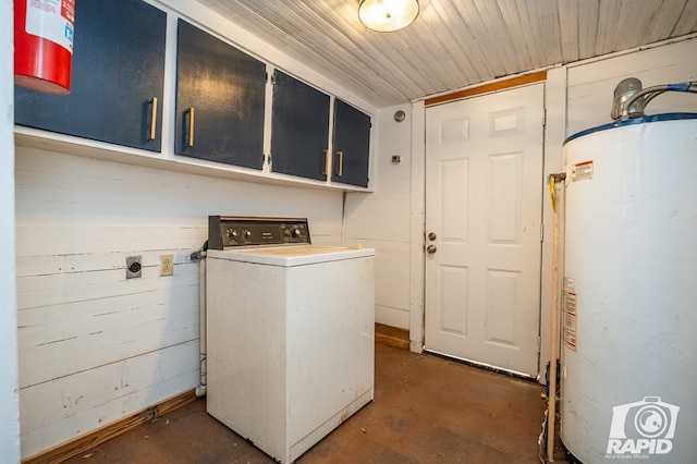 laundry area with washer / clothes dryer, cabinets, and water heater