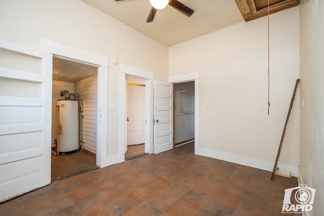 unfurnished bedroom featuring water heater, dark hardwood / wood-style flooring, and ceiling fan