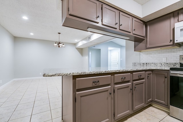 kitchen with stainless steel range with electric cooktop, a textured ceiling, light tile patterned floors, kitchen peninsula, and decorative backsplash