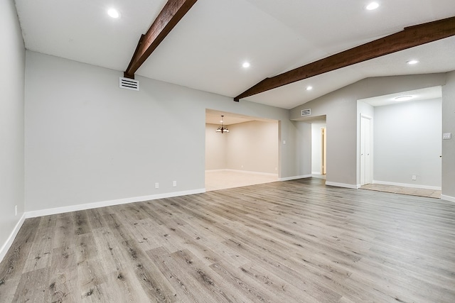 empty room with light hardwood / wood-style flooring and lofted ceiling with beams