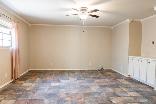 3329 Clearview Dr, San Angelo, TX 76904 - empty room with ceiling fan, baseboards, stone finish flooring, and crown molding