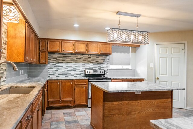 3329 Clearview Dr, San Angelo, TX 76904 - kitchen featuring a sink, stainless steel electric stove, brown cabinets, backsplash, and light stone finish flooring