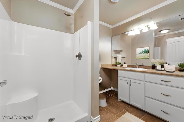 4506 Oak Grove Blvd, San Angelo, TX 76904 - bathroom with vanity, toilet, tile patterned floors, a shower, and ornamental molding
