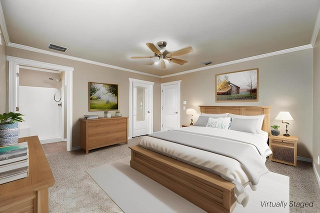 4506 Oak Grove Blvd, San Angelo, TX 76904 - bedroom with baseboards, ornamental molding, light colored carpet, and visible vents