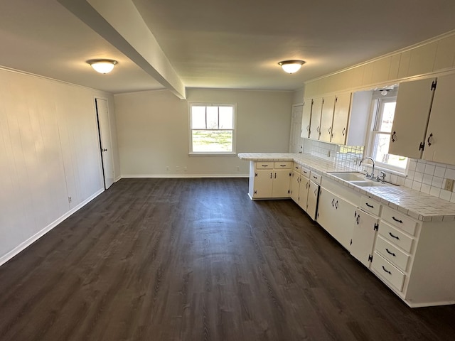 kitchen featuring white cabinets, a sink, dark wood-style flooring, a peninsula, and backsplash