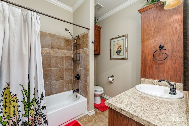 4641 Southland Blvd, San Angelo, TX 76904 - full bath with ornamental molding, shower / bathtub combination with curtain, toilet, vanity, and baseboards