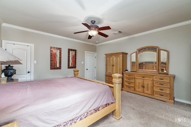 4641 Southland Blvd, San Angelo, TX 76904 - bedroom featuring crown molding, light carpet, and a ceiling fan