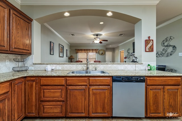4641 Southland Blvd, San Angelo, TX 76904 - kitchen with dishwasher, a sink, ornamental molding, ceiling fan, and backsplash