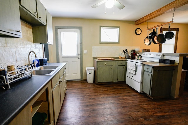 7229 Sun Ln, San Angelo, TX 76901 - kitchen featuring white electric stove, decorative backsplash, dark wood finished floors, ceiling fan, and beam ceiling