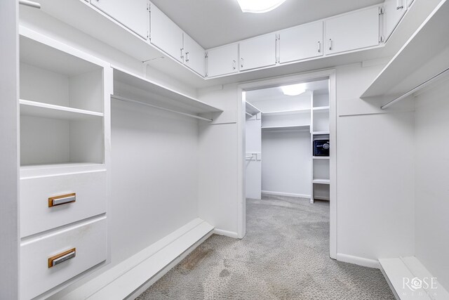 walk in closet with light colored carpet