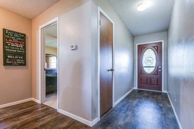 entrance foyer featuring dark wood-type flooring, a wealth of natural light, and a textured ceiling